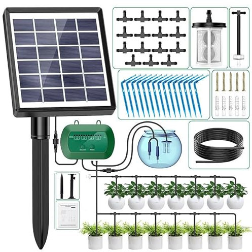 Irrigazione Automatica Energia Solare,Kit Irrigazione Giardin,Kit Irrigazione a Goccia con Timer e Tubo Lungo 15M, Adatto per Piante in Vaso da Giardino e Balcone All'aperto, Verdure