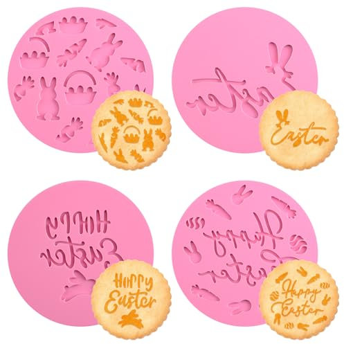 URROMA Acryl-Prägestempel Happy Easter, Rosa, 4 Stück, Ausstechformen für DIY Backen Kuchen Zuckerpaste Cupcake Schokolade Fondant