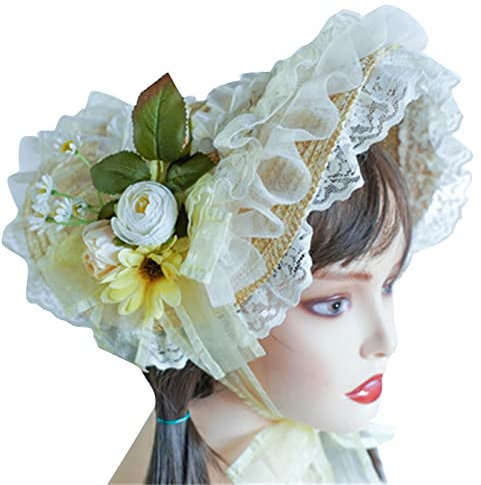 [Psdndeww] Sombrero de fiesta de té, sombrero de paja Lolito, sombrero de paja victoriano, tocado victoriano, sombrero de paja con flores para mujer