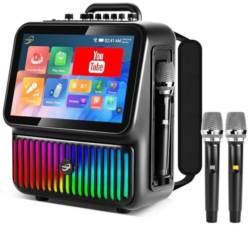 Machine de karaoké intelligente pour adultes, écran intégré avec affichage des paroles, avec 2 microphones, lumières DJ, système de karaoké professionnel