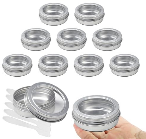 LusDoly Lot de 10 pots en aluminium 60ml – bocaux en aluminium ronde argentée D68mm x H27mm avec fenêtre couvercle pas-de-vis – boite aluminium cosmétique pour bougies, DIY, rangement, voyage