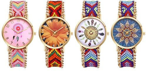 JewelryWe Damenuhr Boho Geflochten Uhr: 4 Stück Bohemian Ethno Stil Traumfänger Gänseblümchen Feder Analog Quarz Armbanduhr Damen Ultradünn Lässige Uhr mit Farbig Verstellbar Gestrickt Stoffarmband