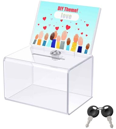 Uniclife Acrylic Donation Box for Fundraising, Clear Suggestion Box with Slot and Lock, Ballot Box with Sign Holder, Plastic Storage Container for Voting Charity Tip Collection, 15.7 x 11.4 x 10 (cm)