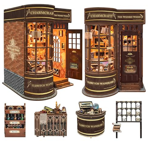 Book Nook Kit, Magic Wand Shop Booknook DIY Miniatur Haus mit LED | Magie Miniature House 3D Holzpuzzle Erwachsene, Miniatur Bibliothek Bausatz für Kreative, Geschenk für Bücherregal Deko