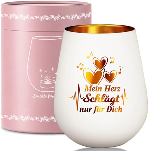 Windlicht Glas Valentinstag Deko, Ich Liebe Dich Valentinstagsgeschenk für Sie Partner Frau Ehefrau zur Geburtstag Hochzeitstag, Teelichthalter mit Spruch: Mein Herz schlägt nur für Dich