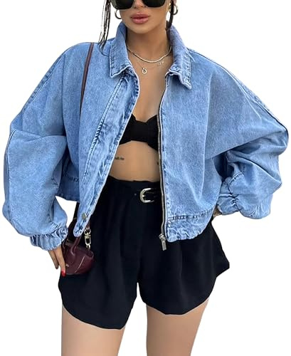 Fengbay Jeansjacke Damen Kurz Oversized Langarm Übergangsjacke Casual Jeans Jacken