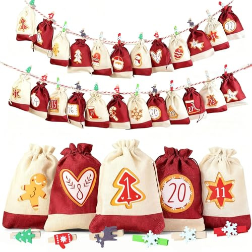 Rongxze Adventskalender zum Befüllen Stoff, 24 Stk, 10 x 14cm
