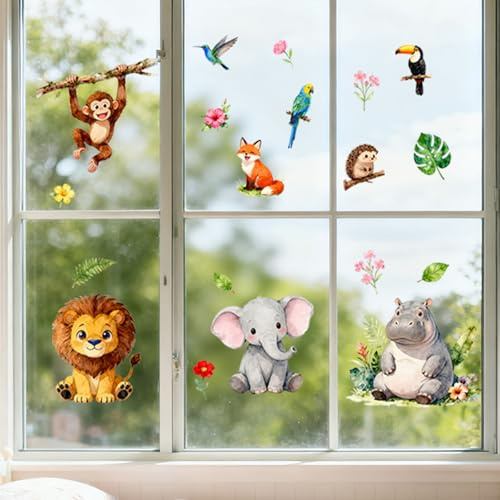 ANATTASOUL Affe Und Elefant Fensterbilder for Frühling Sommer | Doppelseitig Blickdichter Badezimmer Fensterbilder Kinderzimmer Wiederverwendbare Fensterbilder Frühling for Winter Herbst