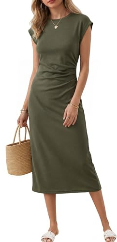 Newshows Summer Dresses for Women Wrinkle Free Casual Midi Dress Crew Neck Ruched Shirt Sundress with Split Army Green,S