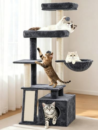 Fobyfurny kratzbaum, 144 cm Mehrstöckiger Katzenbaum, Dunkelgrau | Katzenturm mit Kratzbrett, 4 Sisalstangen, Gemütlicher Katzenhaus, 2 Plattformen, Hängematte, Pompons, Ruheplatz FPMS010FG2