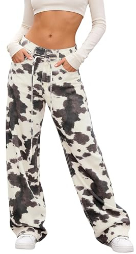 Celanisai Kuhhose Damen Braune Jeans Damen Kuh Jeans Kuhflecken Hose Denimhose Mit Kuhmuster 70er Jahre Outfit Hohe Taille Jeanshosen Teenager Lockere Damenjeans Gerade Arbeitshose