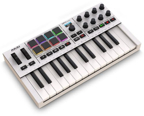 Akai Professional MPK Mini IV USB-C MIDI Keyboard Controller, Weiß | 25 Anschlagdynamische Mini Tasten, 8 MPC Pads, 360° Regler, Chord- und Scale-Modus, für Beatmaker und Musikproduktion