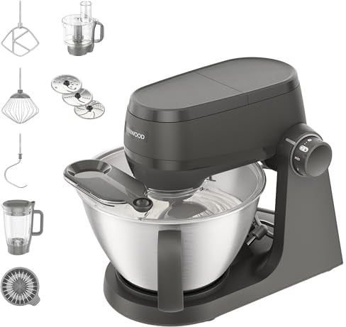 Kenwood Multi Tasker - Impastatrice Planetaria Multifunzionale con accessorio Frullatore, Robot Cucina e spremi agrumi, 1.7kg di Impasto Pane e Pizza, Paraschizzi con Misurino, Grigia (KHC30.050GY)