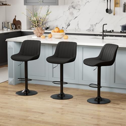 Youhauchair Barhocker 3er Set, Drehbare Barhocker mit Lehne, Schwarz | 20 cm Höhenverstellung, Ergonomisch gebogener Sitz, trägt bis zu 150 KG, PU-Leder, mit Lehne, 360°-Drehung