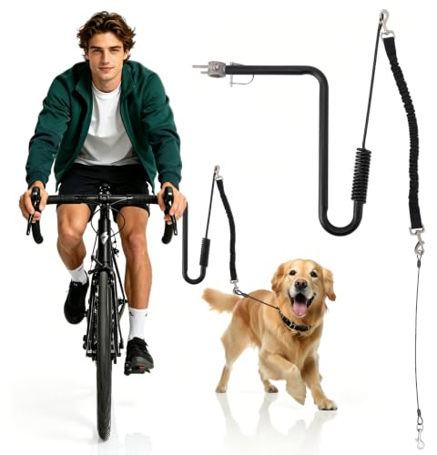 Bicycle Lead, U-Shape Spacer with External Spring & Quick Release, Dog Bicycle Holder, Free Handle, Shock Absorbing, Adjustable, Bite-Resistant, for Large Dogs, Cycling Tricycle, Black