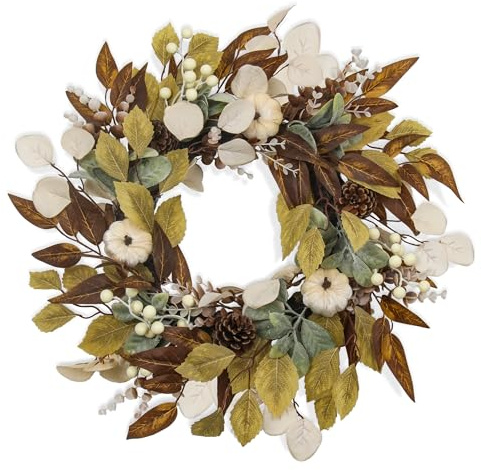Goviraye Herbstkranz 60 cm, Künstlicher Türkranz mit Weißen Kürbissen, Tannenzapfen, Eukalyptus und Herbstlaub, Deko für Haustür Wand Kamin Erntedank Innen und geschützten Außenbereich