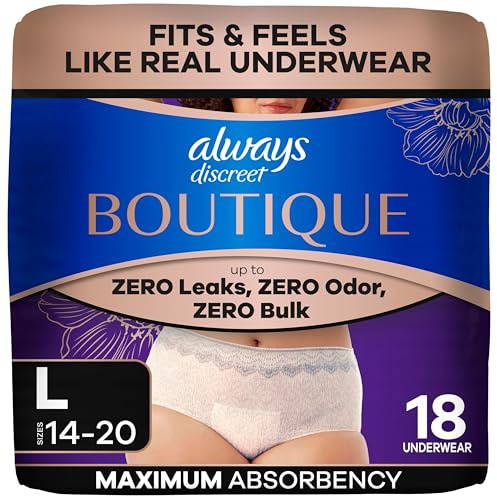 Always Discreet Boutique, Incontinence & Postpartum Underwear for Women, Maximum Protection, Peach, Large, 18 Count