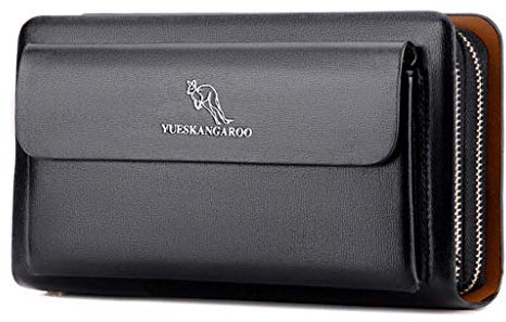 Pochette de Cuir pour Homme Sac à Main Sac de Poignet Pochette Grand Portefeuille Sacoche Embrayage Porte Cartes Chequier Monnaie Multifonction Porte-Monnaie pour Business Soirée Mariage,Black