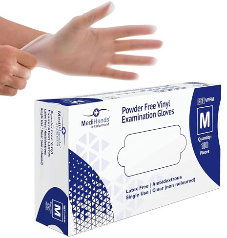 MediHands Vinyl Clear Gloves Medium Disposable Surgical Gloves, Box of 100 Powder Free Latex Free & Protein Free, Medical Gloves, Food, Multi Use