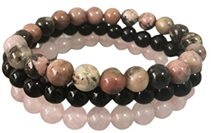 Triple Bracelet Confiance en l'Amour en Quartz Rose Rhodonite et Onyx 18.0 Centimètres