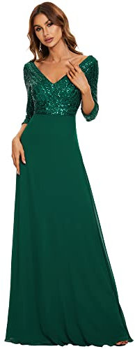 Ever-Pretty Damen V-Ausschnitt Pailletten Lange Ärmel Abendkleid Bodenlang A-Linie Elegant Chiffon Dunkelgrün 52