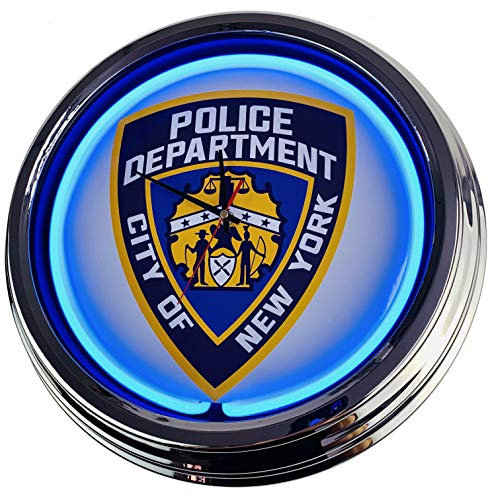 US-Way.de NYPD WallClock Deko-Clock – 44 cm Durchmesser, Deko-Wanduhr ohne Tickgeräusche und gut lesbares Display, USA 50er-Jahre-Stil Neon-Uhr für Küche, Büro (Blau)