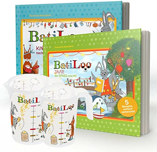 Geschwister Edition: Das BatiLoo Set für kleine Backmäuse! Kinderleicht backen lernen! Montessori inspiriert! Mit vielen Rezepten, bunten Illustrationen, Abenteuergeschichten & 2 Messbecher!