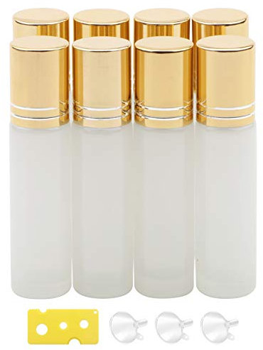 Newzoll Glasflaschen zum Aufrollen, 10 ml, Perlweiß, für ätherische Öle, Roller, Ampullen für Kosmetik, Aromatherapie, Parfüm, Goldkappe, 8 Stück