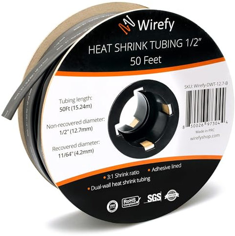Wirefy 1/2 Heat Shrink Tubing - 3:1 Ratio - Adhesive Lined - Marine Grade Heat Shrink - Black - 50 Feet Roll