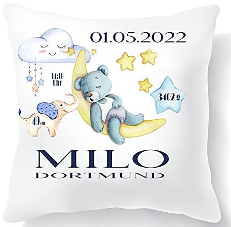 Geschenke Geburt Junge - Baby Geschenke - Personalisierte Geschenke zur Geburt – Babygeschenk - Kissen mit Namen & Geburtsdaten (Wolke)