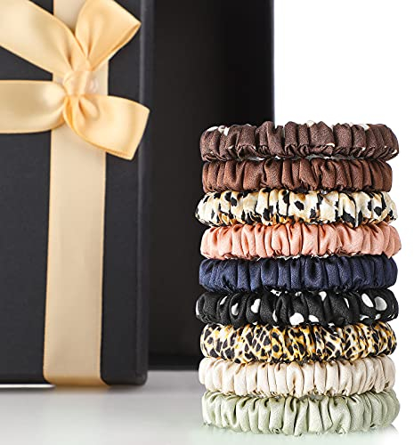 9 Stück Dünne Seiden Scrunchies Seide Haargummi Reiner Pferdeschwanz Halter Haarschmuck für Frauen Mädchen Valentinstag Weihnachten, 9 Farben (Lebendig Stil, Dunkle Farben)