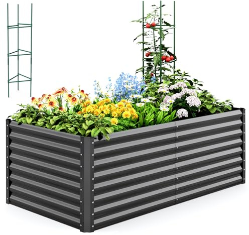 Quictent Hochbeet Pflanzkasten aus Metall, 180 x 90 x 60cm Kräuterbeet ohne Boden für Garten, Freistehendes Gemüsebeet mit 3 Tomatenkäfigen & 1 Unkrautbarriere, Garu