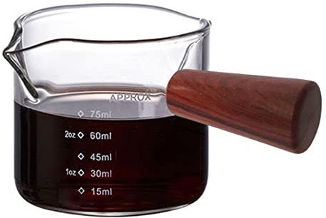 Glass Measuring Cup Jugs Espresso Shot Glasses Double Spouts Measuring Cup with Wooden Handle Clear Pitcher Triple Milk Cup for Barista Home Cafe Bar Party