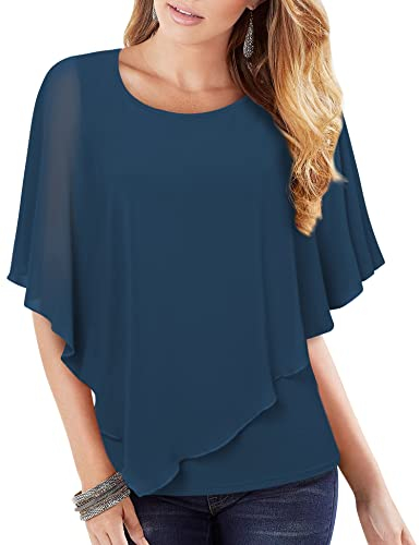 Vafoly Damen-Tops Elegant, Tunika-Tops für Frauen Business Casual Elegant Bluse Chiffon Lagen Top Sommer Poncho Basic Tunika Mit Kurzarm Mode Büro Tunika für Leggings Blau XL