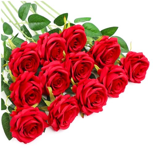 Voumanillor Künstliche Blumen, rote Rosen, echte Seide, künstliche Rosen mit langem Stiel, für Zuhause, Party, Valentinstag, Dekoration, Rot, 12 Stück