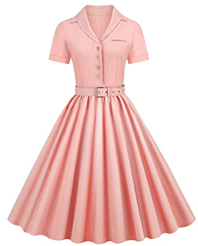 Damen-Kleid, Revers, 50er / 60er Jahre, Vintage, kurzärmelig, V-Ausschnitt, Cocktailkleid, Swingkleid, gepunktet, Rockabilly, Abschlussball, Party, Midi-Kleid