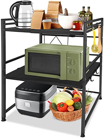 LZQ Mikrowelle Regale,Bäckerregal Kitchen Storage Rack,Erweiterbares Mikrowellenregal Microwave Shelf 2-stufiges,Küchentischregal aus Kohlenstoffstahl,Mini Backofen Halterung für kleine Küche Schwarz