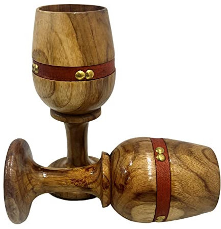 Weinkelch aus Holz, Vintage-Stil, 2 Stück, Lederband, Trinkkelch, Wasserglas, Kelch, Küchenzubehör, Teakholz, für Wein, kalte Getränke, Eis