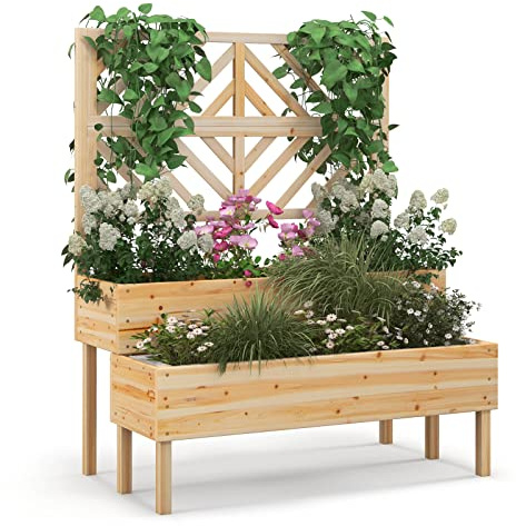 COSTWAY Fioriera da Giardino a 2 Livelli con Traliccio, Letto Rialzatto con Gambe in Legno, Foro di Drenaggio, Fioriera da Interno ed Esterno per Frutta, Verdura, Fiori ed Erbe Rampicanti (Legno)