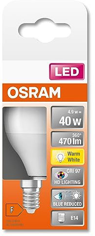 OSRAM SUPERSTAR+ CLASSIC P 40 FR LED-Lampe, Sockel E14, Miniballform, 4,9W, 470lm, 2700K, warmweißes Licht, stark reduzierter Blauanteil, geringere Augenbelastung, sehr geringer Energieverbrauch