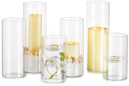 Photophore Bougeoirs Verre Vase Cylindrique: Hewory Set de 6 Porte Bougie pour Centre de Table Noel Mariage, Supports pour Bougies Piliers Transparent Vase en Verre Bougie Flottante