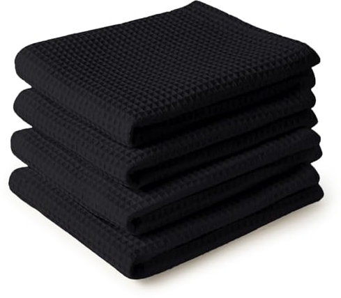 Encasa XO Paños y paños de Cocina de algodón Negro | Toalla de té de Tejido Plano y Tipo gofre | Juego de paños de Cocina | 70x45 cm | Reutilizable y de Secado rápido