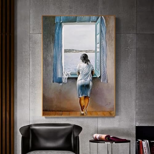Fille à la fenêtre peinture toile impression affiche Salvador Dali mur art femme mer bleu photo pour salon décor à la maison 80x120 cm sans cadre