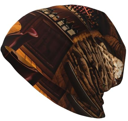 Bonnet tricoté à motif floral rose – Unisexe, toutes saisons, motif imprimé à l'envers, matériau mélangé d'élasthanne, Tableau cave à vin rouge, taille unique