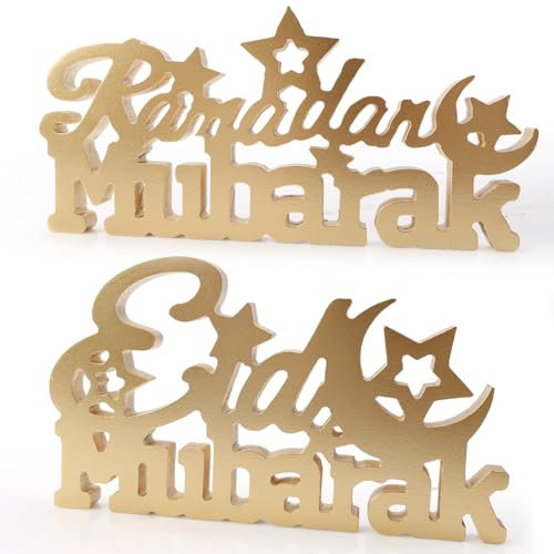 HONMOK 2pcs Eid Mubarak Tischdeko Holz, Ramadan Tisch Schild Deko, Bismillah Holz Aufsteller, Islamische Mond Stern Verzierung für Muslim Partydeko Tisch Ornament Heimdekoration Geschenk