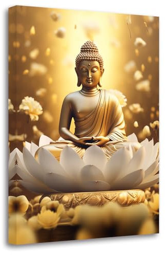 LZIMU Goldenes Buddha Gemälde Zen Leinwandbilder Buddha Statue Lotusbild spirituelle Drucke Spa Kunstwerk für Yoga Meditation buddhistischer Gebetsraum(Bild-2, (30.00 x 45.00 cms))