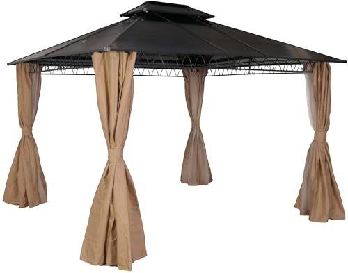 Mendler Hardtop Pergola HWC-M81, Pavillon, Aluminium Dachstreben 7cm-Stahlgestell mit Seitenwand und Moskitonetz 3,6x3m - Creme