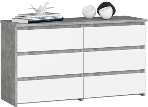 AKORD | Kommode CL-100 mit 6 Schubladen | Komodenschrank | Funktional | Für Wohnzimmer | Für Schlafzimmer | Langlebig | Rollenführung | ABS-Kante 35x100x57cm | Beton + Weiß Front