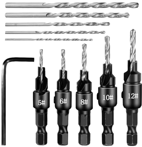 Set di Punte da Trapano Svasatori per Legno, 5 Pezzi Punte Regolabili per Svasatura da 1/4 a Cambio Rapido, Con Svasatore e Chiave Esagonale, per Plastica e Fai Da Te