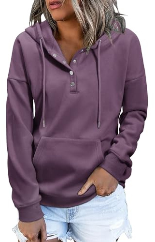 Xnova Damen Hoodie Knopfleiste Langarm Kapuzenpullover | Basic Pullover Sweatshirt Fleece-Futter Modische Freizeit Sport Oberteil mit Kapuze Pulli Streetwear Warm fur Winter Herbst